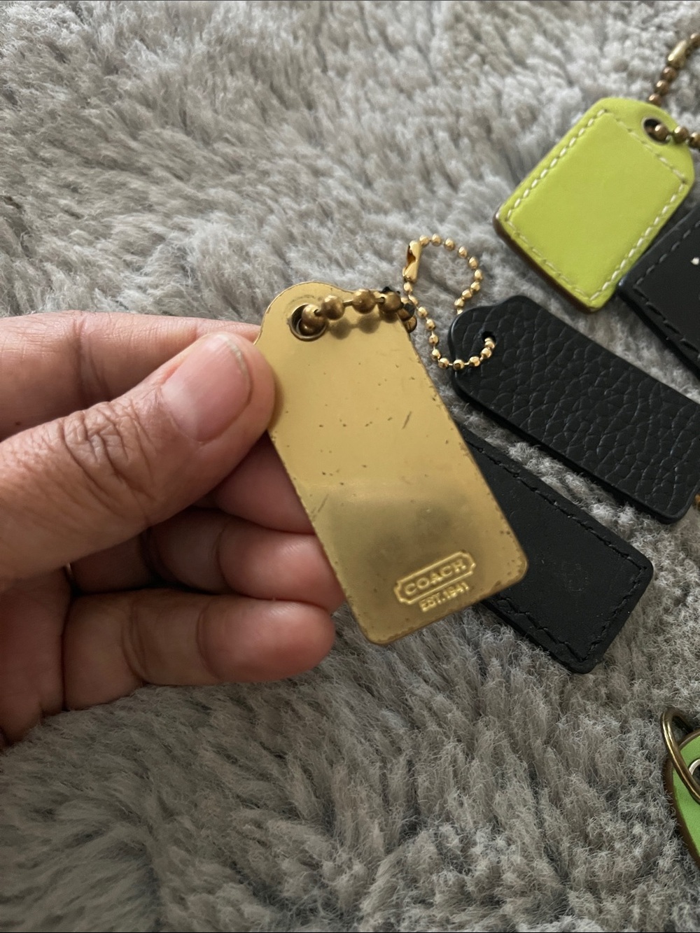 Coach Mini Leather & Metal Hang Tag Set in Neon Yellow, Lime Green, Black & Gold - Picture 7 of 8